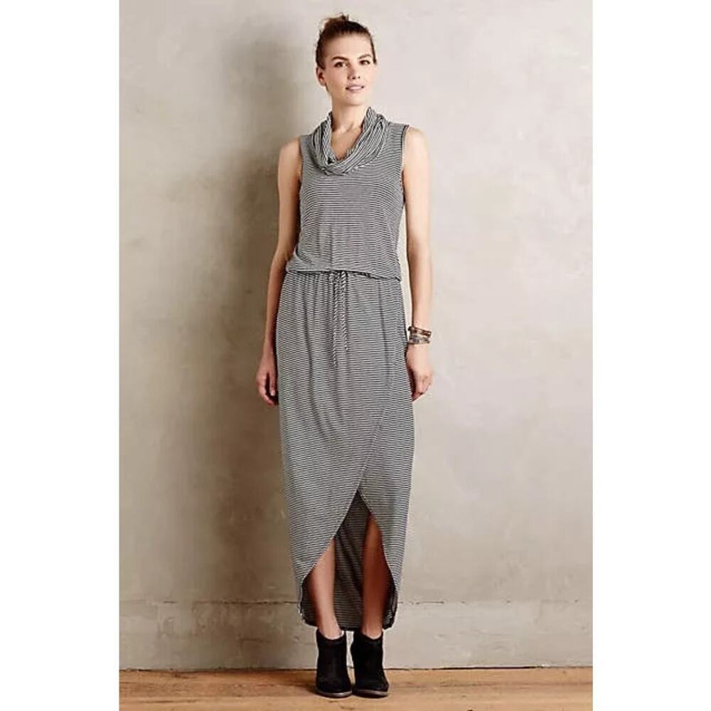 ANTHROPOLOGIE Dolan Black White Striped Knit Hi Lo Cowl Neck Maxi Dress Small